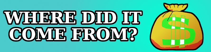 A blood-soaked bag of money on a teal background, next to a caption reading "WHERE DID IT COME FROM?".