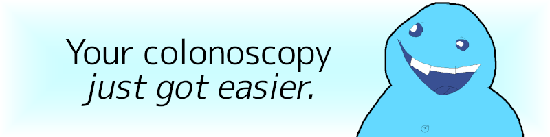 A smiling blue cartoon character next to thin text reading "Your colonoscopy just got easier."