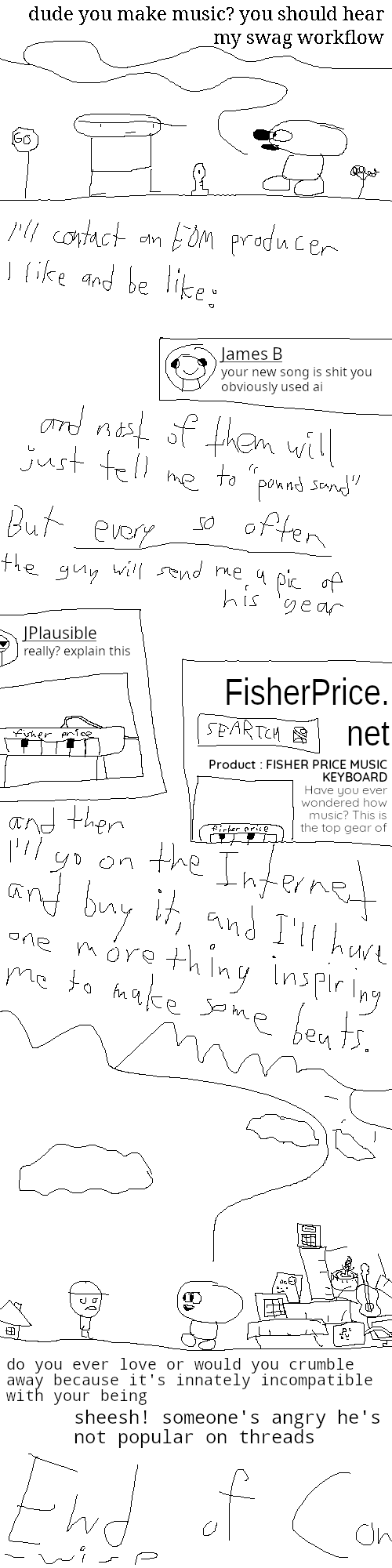 Rock Bottom and James B. are having a conversation in the middle of the road.
James says: "dude you make music? you should hear my swag workflow"
His speech continues, occasionally intersparsed with diagrams.
"I'll contact an EDM producer I like and be like:"
Here a social media message from James B. is shown; it reads "your new song is shit you obviously used ai".
"and most of them will just tell me to 'pound sand'"
"But every so often the guy will send me a pic of his gear"
Indeed JPlausible, a man wearing sunglasses, has countered James's assertion with "really? explain this" and a photograph of his Fisher Price keyboard. Next to this we see the website "FisherPrice.net" open on a product page. "Product : FISHER PRICE MUSIC KEYBOARD" (this text accompanies a similar photograph of the same model of keyboard). "Have you ever wondered how music? This is the top gear of" -- further text is cut off.
But back to James: "and then I'll go on the Internet and buy it, and I'll have one more thing inspiring me to make some beats."
As James finishes talking we see him next to a large pile of random musical objects, including keyboards, drum machines, amplifiers, a snare drum, a microphone, a guitar, and a computer monitor.
Rock Bottom asks: "do you ever love or would you crumble away because it's innately incompatible with your being"
James cooly responds: "sheesh! someone's angry he's not popular on Threads".
This is the end of the comic, and it is noted as such. Wisp's signature follows.