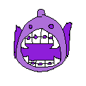 A big purple fish facing the camera, baring its fangs. It has braces.